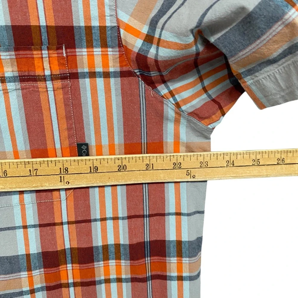 Columbia‎ Mens XL Regular Fit Short Sleeve Plaid Button Down Shirt Orange Grey
